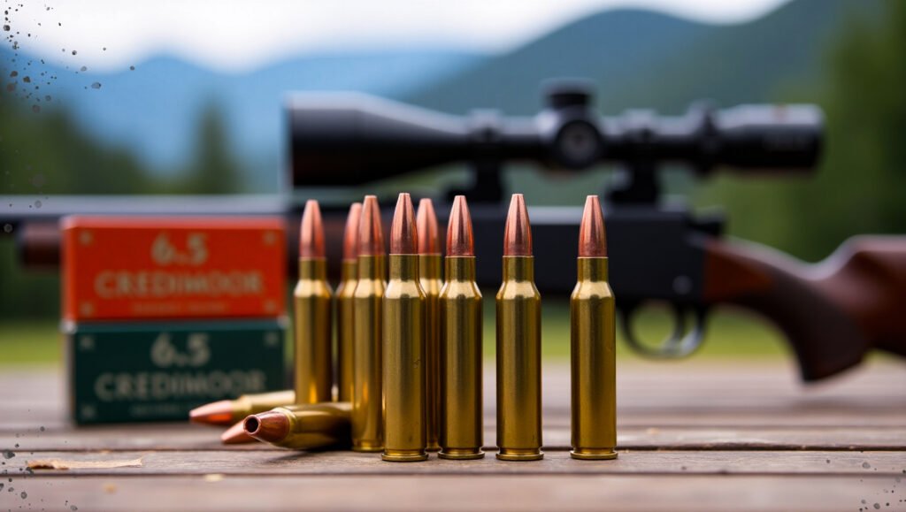 Modern 6.5 Creedmoor bolt-action rifle on a shooting bench with precision scope and ammo.