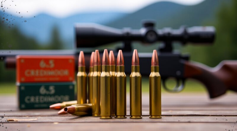Modern 6.5 Creedmoor bolt-action rifle on a shooting bench with precision scope and ammo.