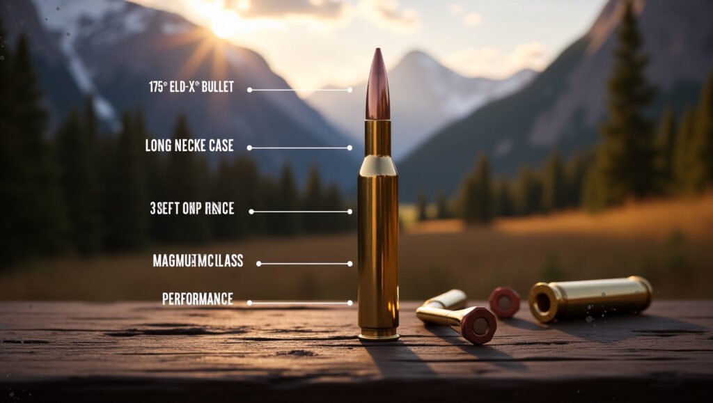 Close-up of a 7mm PRC Precision Rifle Cartridge standing upright on a wooden shooting bench, with a forested mountain backdrop. Brass casing and bullet tip are clearly visible, labeled with technical features like long neck case, steep shoulder angle, and ELD-X bullet.