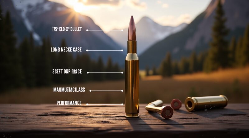 Close-up of a 7mm PRC Precision Rifle Cartridge standing upright on a wooden shooting bench, with a forested mountain backdrop. Brass casing and bullet tip are clearly visible, labeled with technical features like long neck case, steep shoulder angle, and ELD-X bullet.