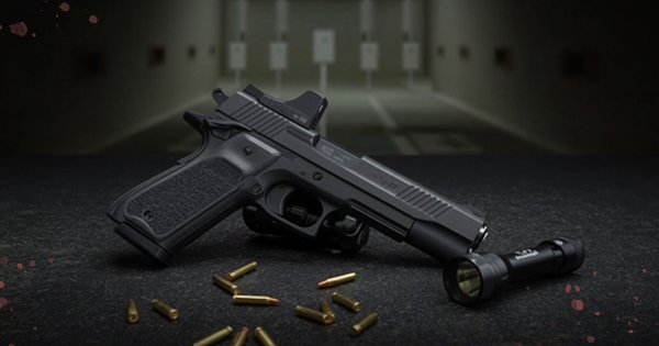 Ruger RXM 9mm pistol displayed on a tactical surface with 9mm bullets, weapon light, and a blurred shooting range background – labeled "The Ultimate Value Shooter’s Choice."