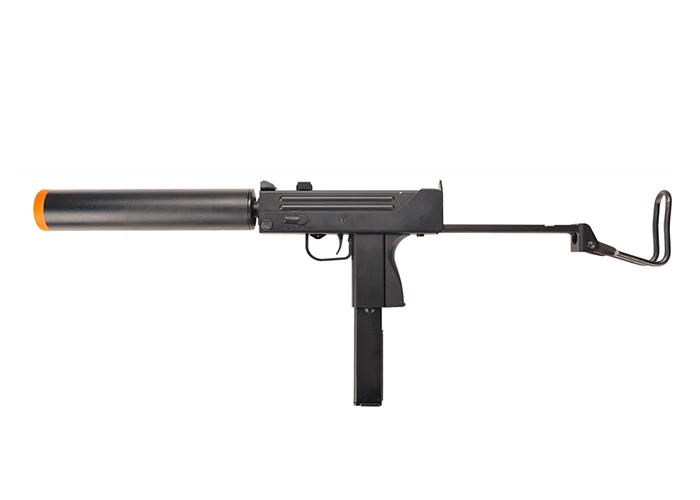 Mac 11 submachine gun with suppressor and folded stock on a tactical surface – compact and powerful firearm known for high rate of fire.