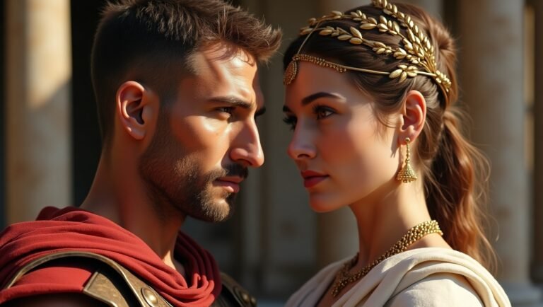 Ancient Roman man and woman with prominent Roman nose, wearing traditional Roman attire, standing in front of marble columns.
