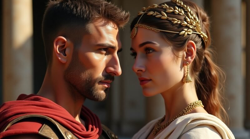 Ancient Roman man and woman with prominent Roman nose, wearing traditional Roman attire, standing in front of marble columns.