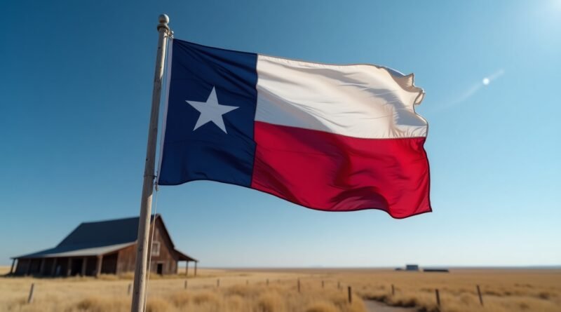 The Texas flag with a single white star waving against a bright blue sky, symbolizing pride and independence.