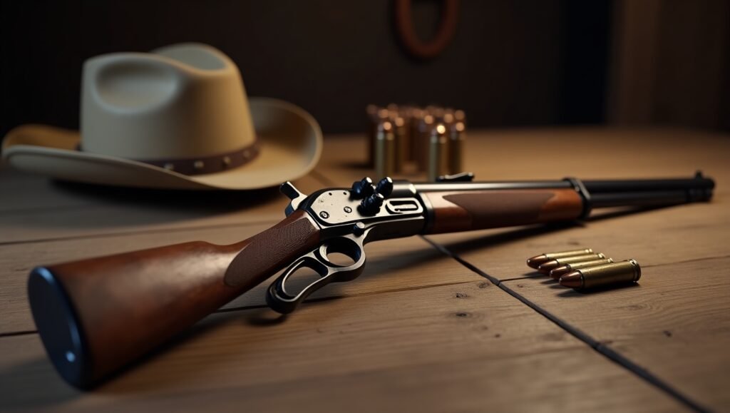 Winchester 1873 lever-action rifle on wooden table with bullets and cowboy hat – iconic Old West firearm