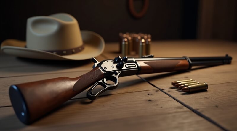 Winchester 1873 lever-action rifle on wooden table with bullets and cowboy hat – iconic Old West firearm