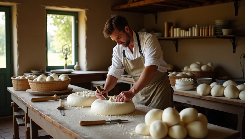 Traditional cheesemaker in 1800s Puglia crafting burrata cheese using leftover mozzarella, showcasing Italian cheese heritage and rustic methods.