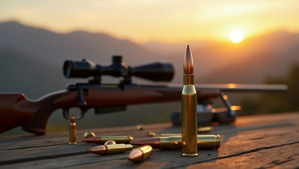 6.5 Creedmoor cartridge on a shooting bench with a precision rifle and reloading components in the background, set against a scenic mountain view at sunset.