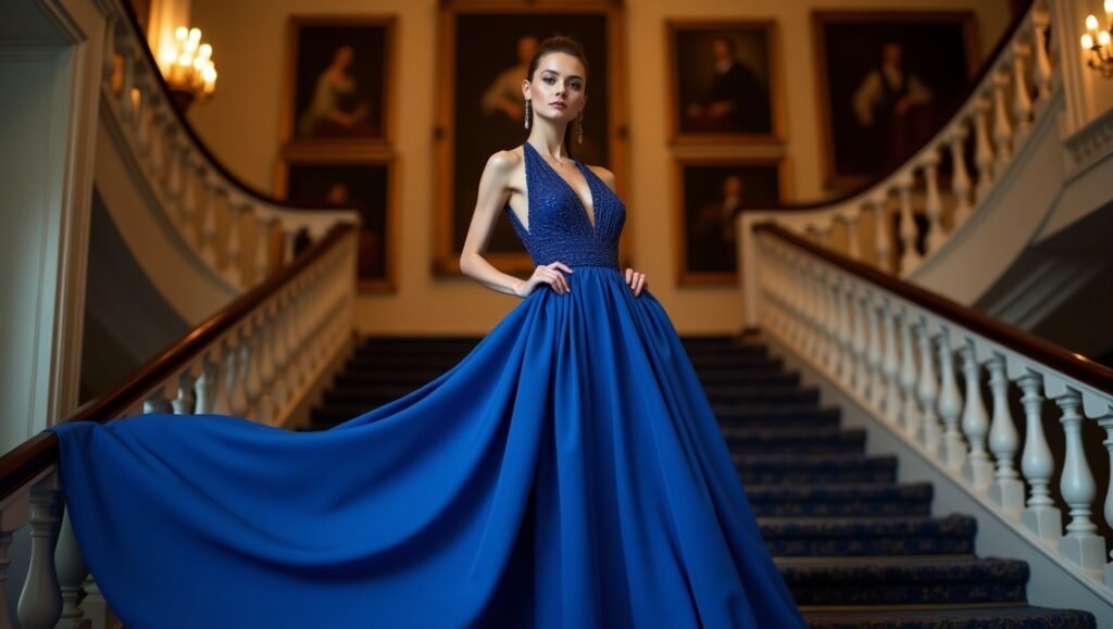 Elegant woman in a royal Blue Dress standing on a palace staircase, symbolizing timeless fashion and historical elegance