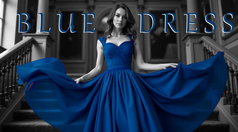 Elegant woman in a royal Blue Dress standing on a palace staircase, symbolizing timeless fashion and historical elegance