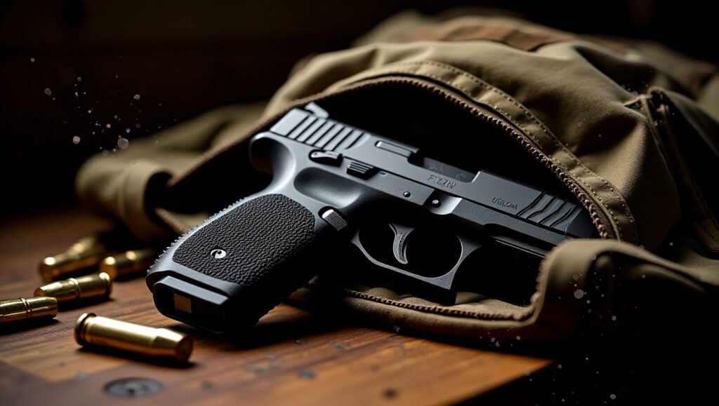 Ruger RXM 9mm Pistol on a shooting bench, partially hidden under gear with soft shadows and realistic textures.