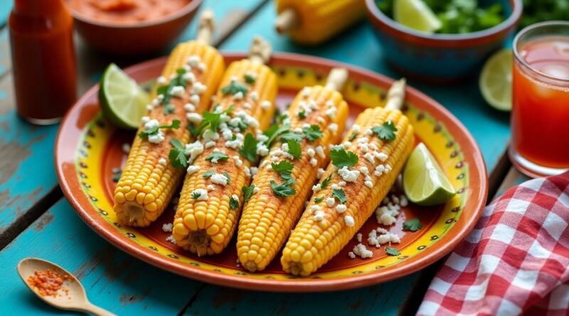 Authentic Mexican Street Corn Recipe served with lime, hot sauce, and chili seasoning at a festive table