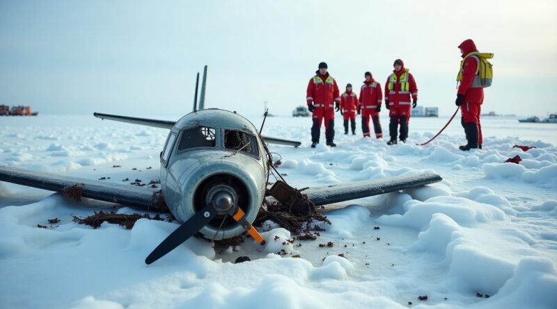 Vintage cartoon of the Alaska plane crash wreckage in frozen sea ice with debris and a rescue team nearby
