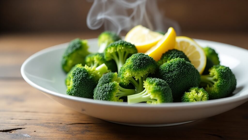 1 How to steam broccoli – freshly steamed florets in a white bowl with lemon wedges and rising steam.