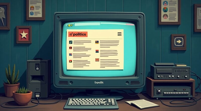Vintage-style digital illustration showing an old CRT monitor displaying the r/politics subreddit on Reddit’s early interface. Surrounding the screen are pixelated icons of news articles, speech bubbles, and upvote/downvote arrows. The scene has a nostalgic 2000s internet aesthetic with muted colors and retro tech vibes.