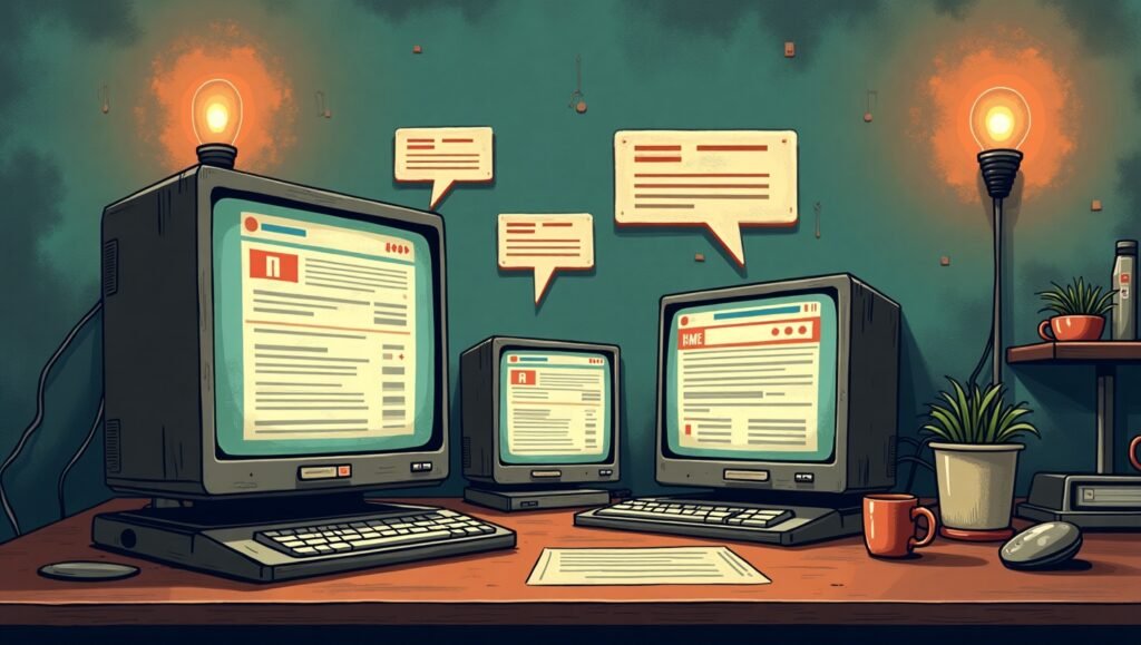 Vintage-style digital illustration showing an old CRT monitor displaying the r/politics subreddit on Reddit’s early interface. Surrounding the screen are pixelated icons of news articles, speech bubbles, and upvote/downvote arrows. The scene has a nostalgic 2000s internet aesthetic with muted colors and retro tech vibes.