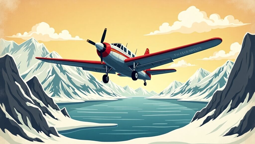 2 Cartoon illustration of a bush plane flying over icy Alaskan terrain, representing the Alaska plane crash setting