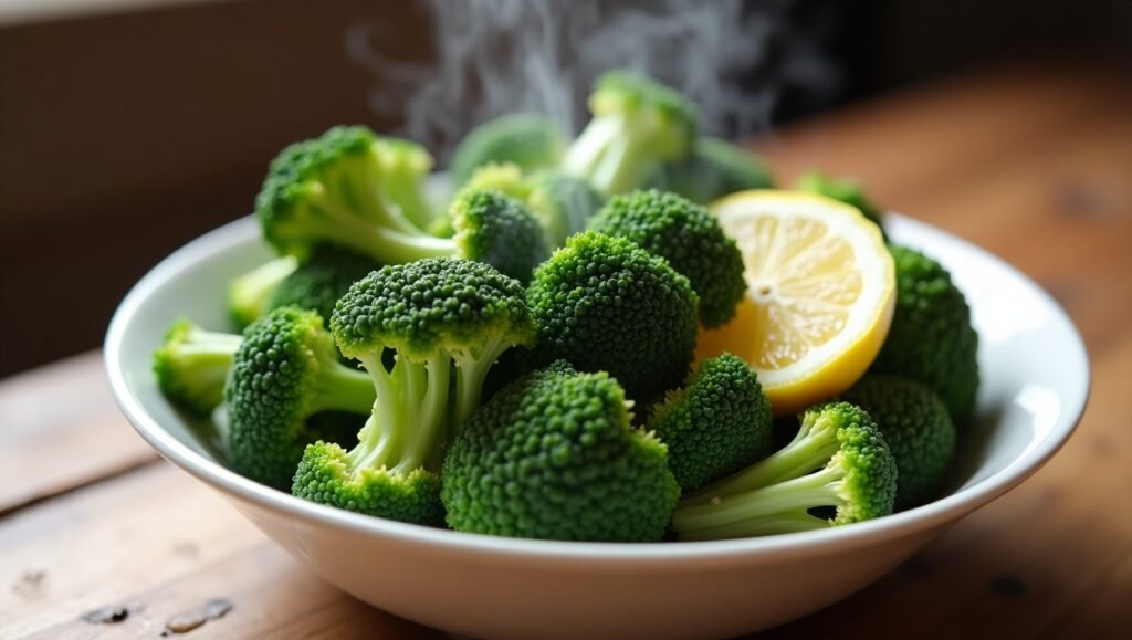 2 How to steam broccoli – freshly steamed florets in a white bowl with lemon wedges and rising steam.