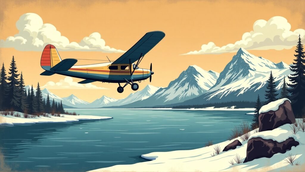 3 Cartoon illustration of a bush plane flying over icy Alaskan terrain, representing the Alaska plane crash setting