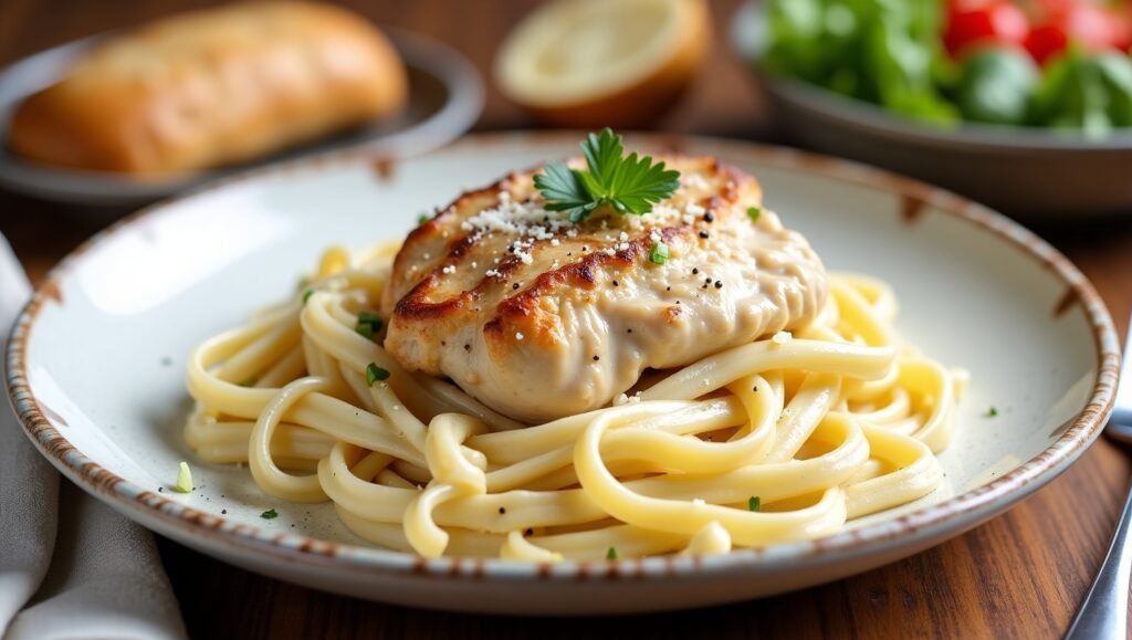 Flux_Dev_A_creamy_Chicken_Alfredo_pasta_dish_served_on_a_rusti_2