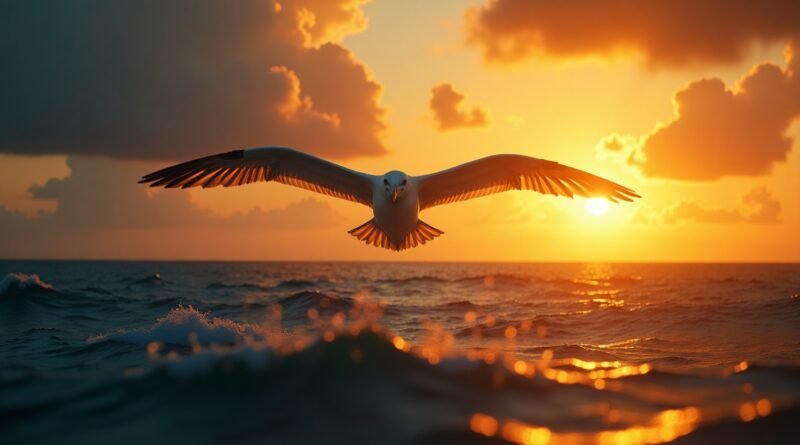 Albatross flying across a glowing sunset ocean near America’s Pacific coast, symbolizing freedom, beauty, and marine wildlife.