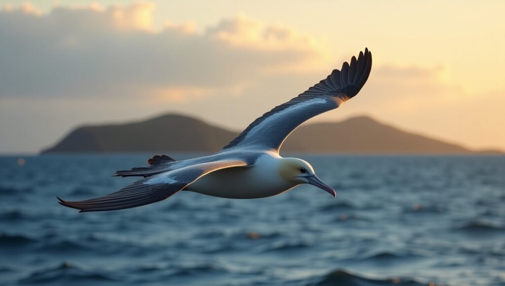 1 Laysan Albatross flying above the Pacific Ocean near the American coast – Albatross America.