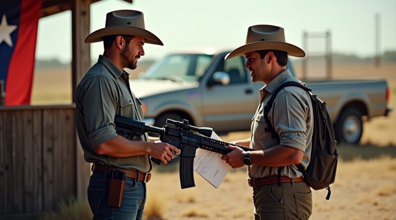 Two responsible gun owners meeting in Texas to trade a rifle outdoors in a safe, well-lit area. One hands over a firearm while the other reviews paperwork, with a Texas flag and pickup truck in the background. The scene represents lawful and community-based firearm exchange.