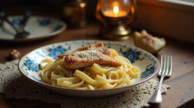 A vintage-style presentation of the Chicken Alfredo recipe, with creamy fettuccine and grilled chicken served on an antique plate over a rustic wooden table.
