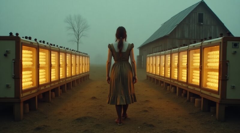 Concept art of a symbolic human egg farm showing incubators in a vintage rural setting, blending science and tradition.