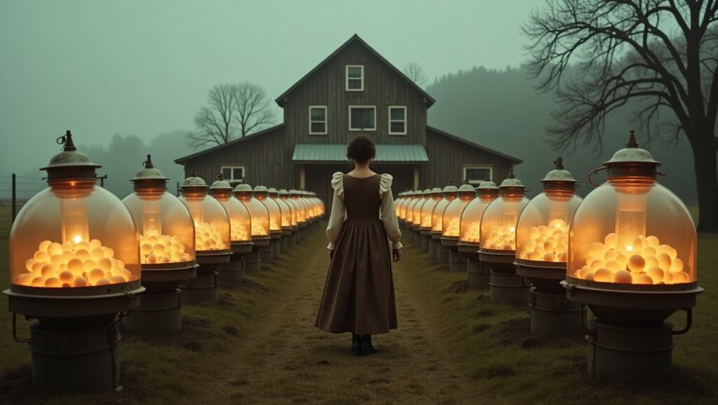 14 Concept art of a symbolic human egg farm showing incubators in a vintage rural setting, blending science and tradition.