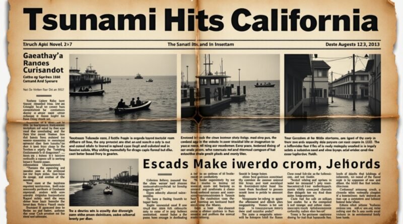 A vintage newspaper front page showing historical coverage of Tsunami Warning California, with black-and-white photos of flood damage, sirens, and coastal emergencies in an aged design.