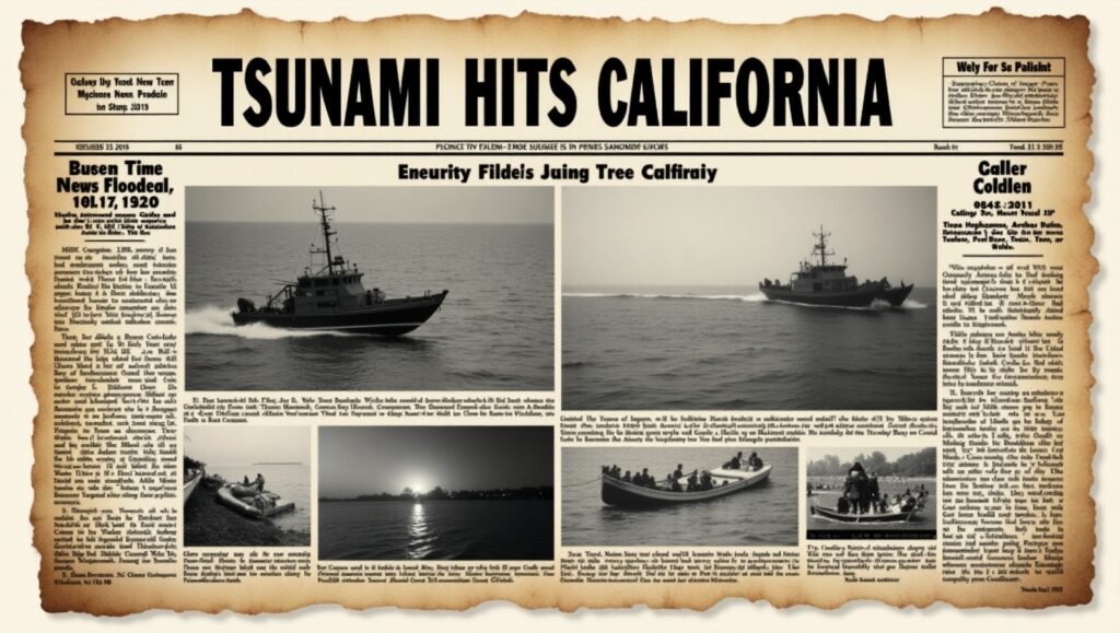 A vintage newspaper front page showing historical coverage of Tsunami Warning California, with black-and-white photos of flood damage, sirens, and coastal emergencies in an aged design.