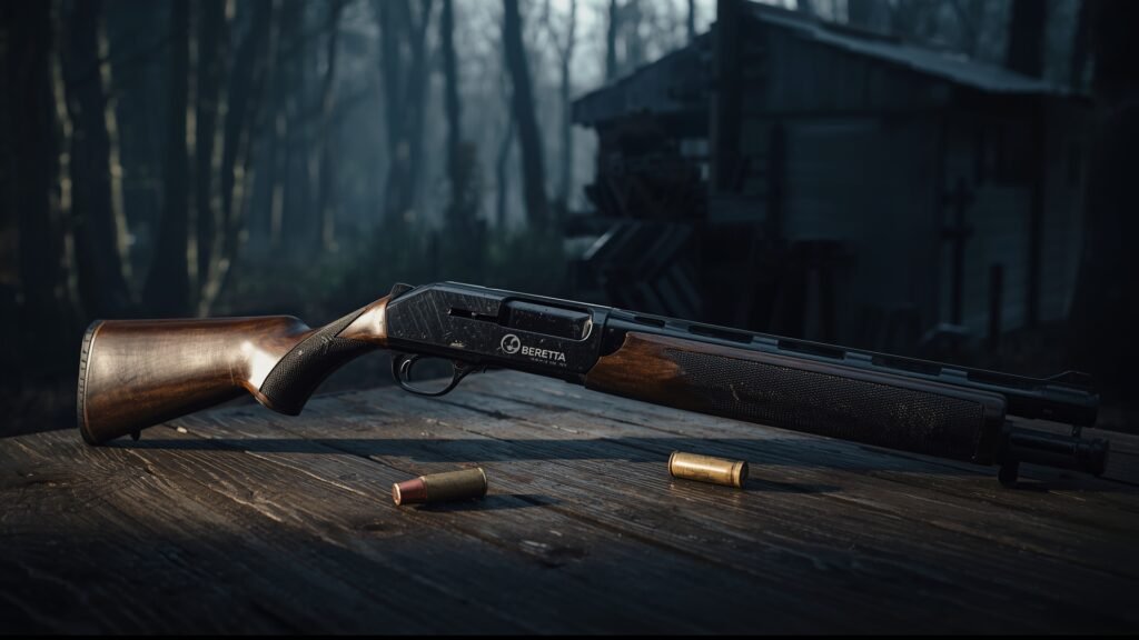 1 Beretta A300 shotgun resting on a wooden table with shotgun shells beside it in early morning light.