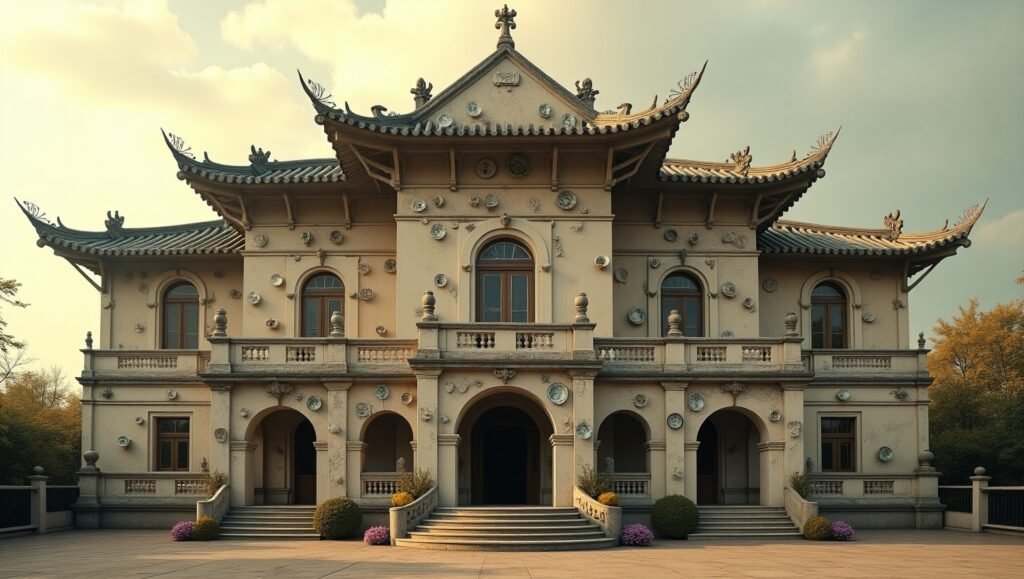 1 Vintage view of the China House in Tianjin, covered in antique porcelain tiles and decorated with faded ceramic dragons and Chinese motifs.