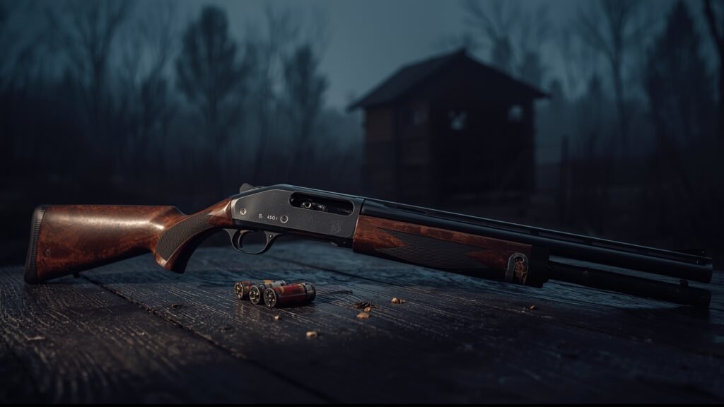 2 Beretta A300 shotgun resting on a wooden table with shotgun shells beside it in early morning light.