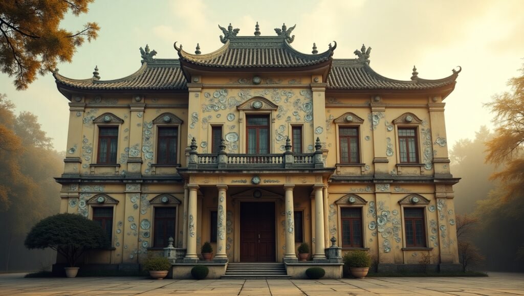 2 Vintage view of the China House in Tianjin, covered in antique porcelain tiles and decorated with faded ceramic dragons and Chinese motifs.