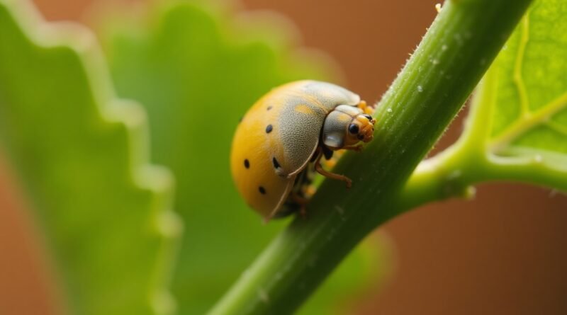 Red ladybug with black spots feeding on aphids on a green leaf — what do ladybugs eat in nature.