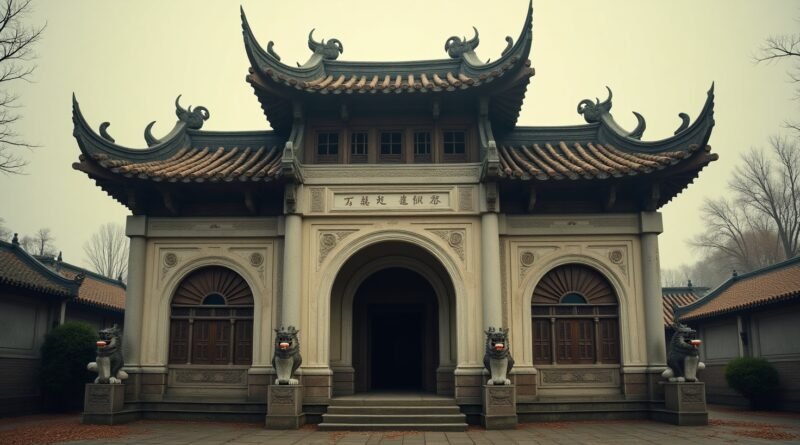 Historic view of the China House in Tianjin, with aged porcelain tiles and antique Chinese decorative elements.