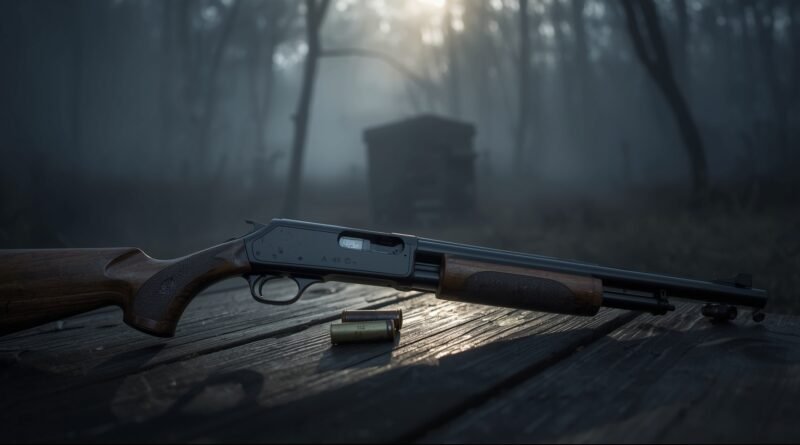 Beretta A300 shotgun resting on a wooden table with shotgun shells beside it in early morning light.