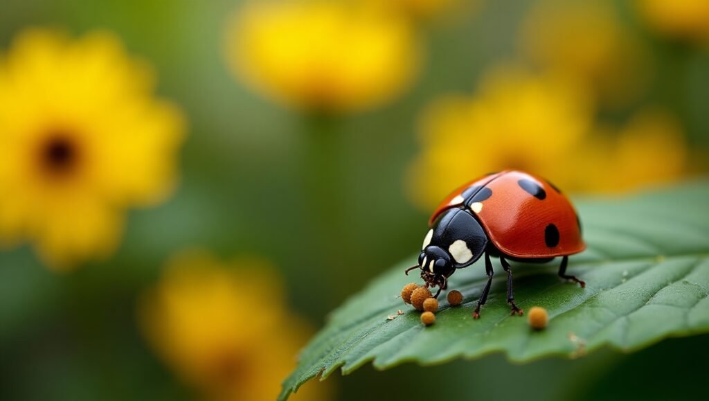 1 Red ladybug with black spots feeding on aphids on a green leaf — what do ladybugs eat in nature.