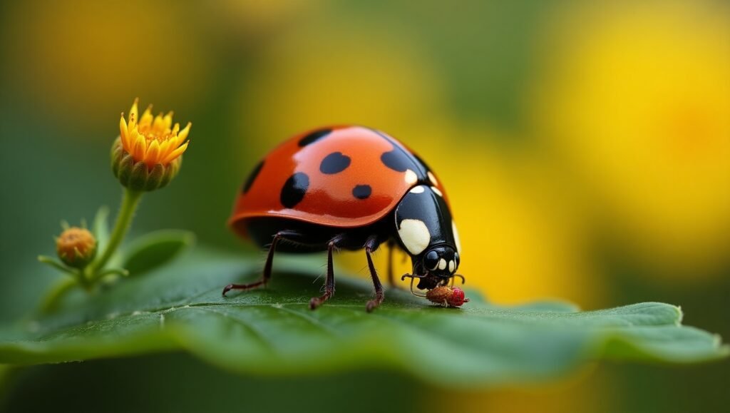 2 Red ladybug with black spots feeding on aphids on a green leaf — what do ladybugs eat in nature.